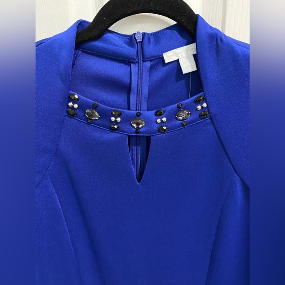 New York & Co. Embellished Scuba Sheath Dress. Color Amplified Blues. Size MP. - Picture 3 of 6